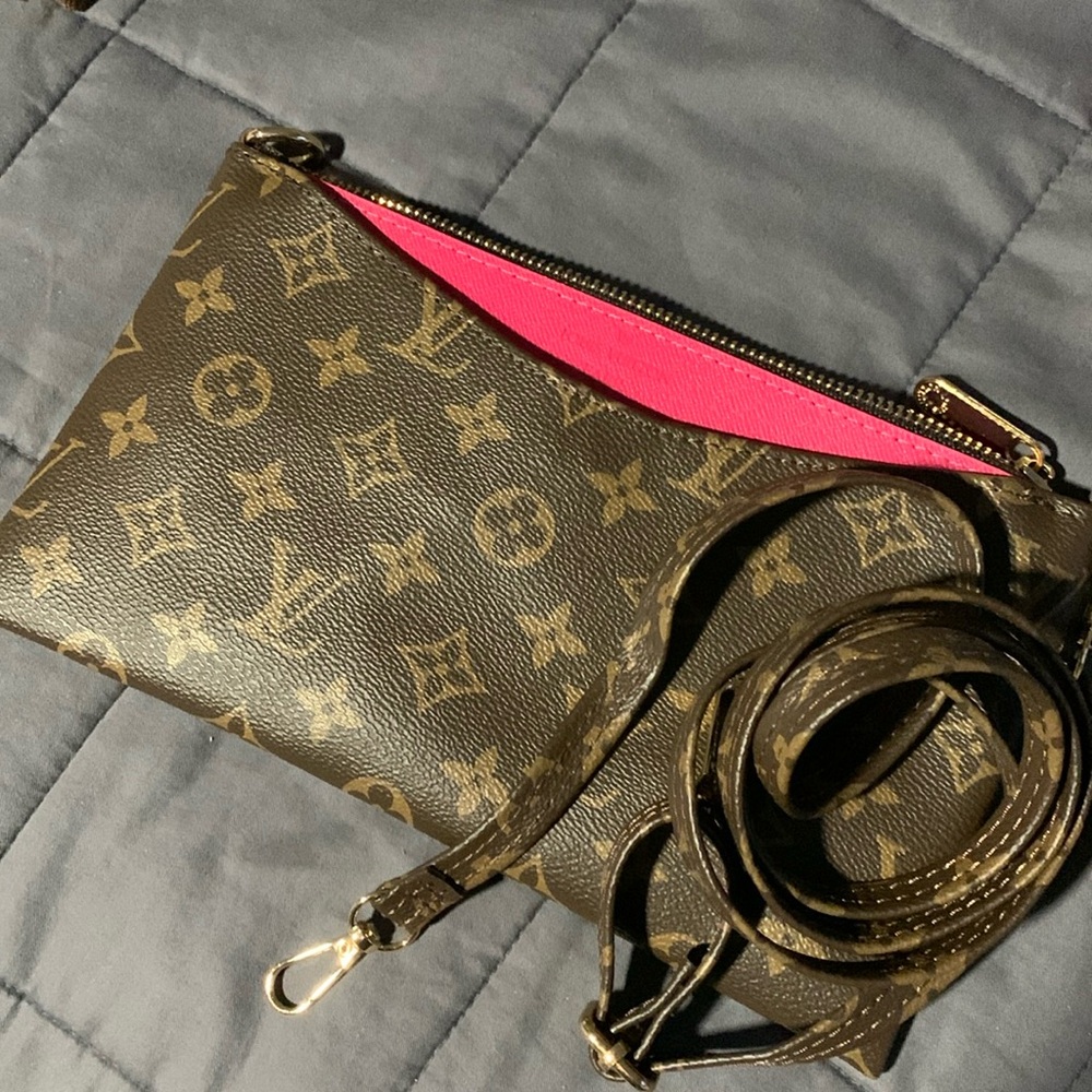 Monogram Crossbody Wristlet - Brown with Pink Interior